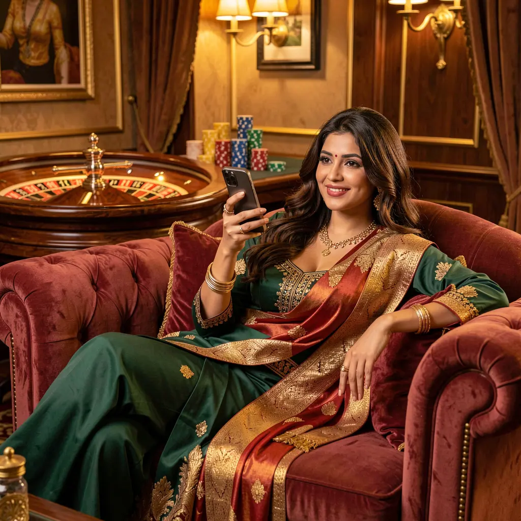 Elegant Bangladeshi woman relaxing on a luxury sofa while using the A880 casino app with a glowing roulette wheel and chips behind her