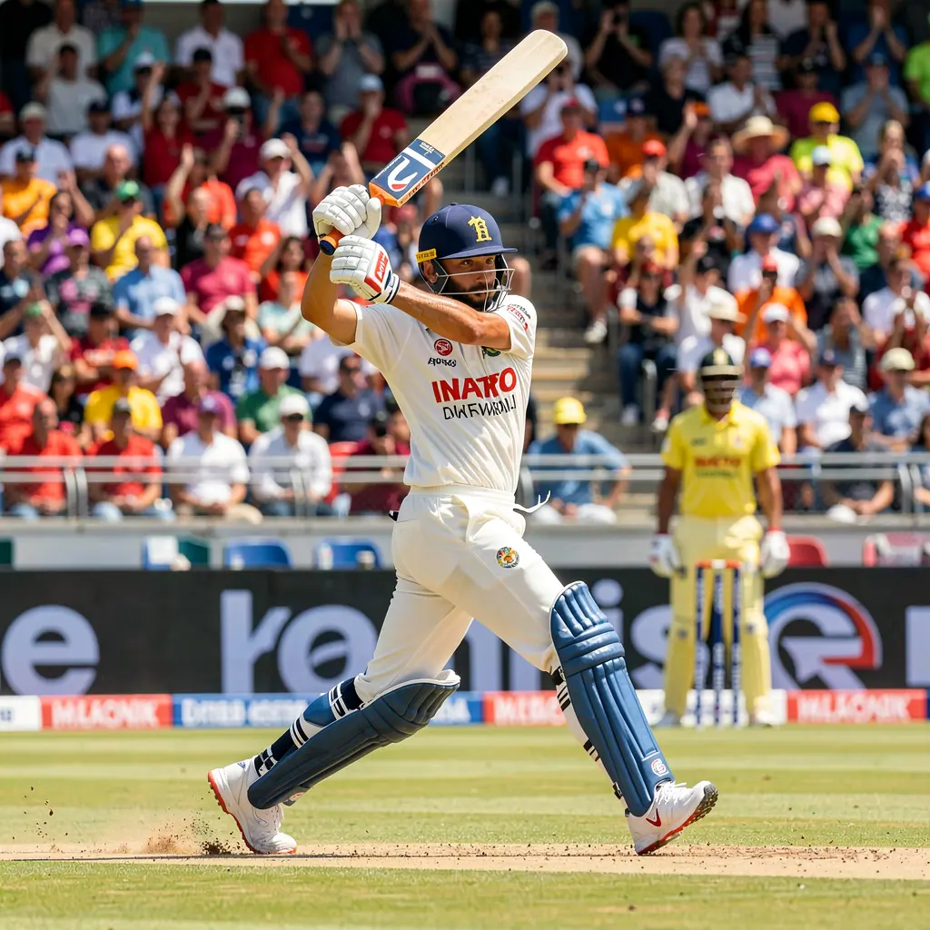 Professional cricket match moment with batsman playing a shot in front of a large crowd representing live cricket betting on A880 in Bangladesh