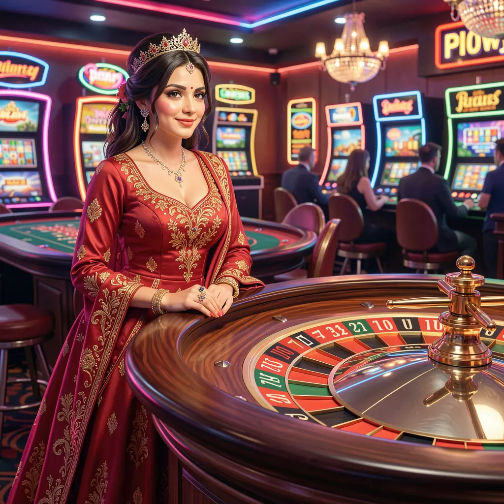 Confident woman in a traditional red outfit standing at the edge of a busy casino floor filled with slot machines and roulette tables representing the vibrant gaming world of A880 in Bangladesh