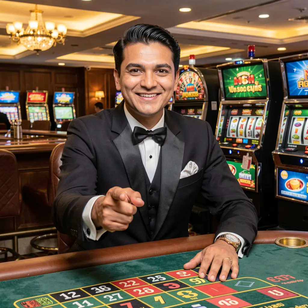 Confident Bangladeshi casino host welcoming players to the A880 live casino login experience with roulette wheels and slot machines behind him